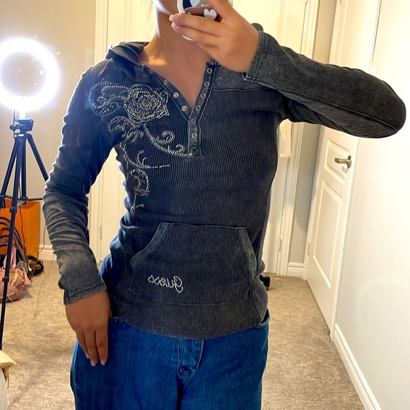 Y2K GUESS top with blings long sleeves with hood - Picture 1 of 13